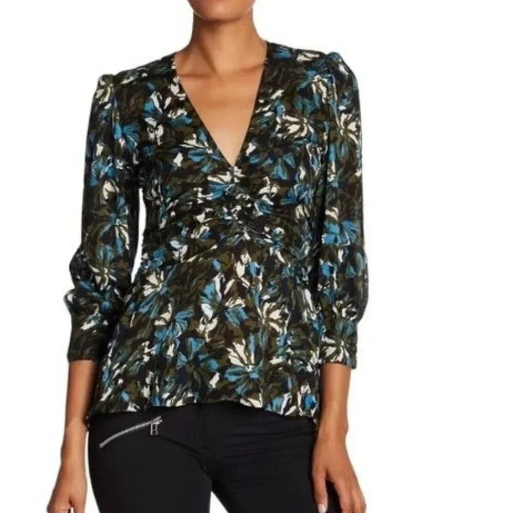 VERONICA BEARD Silk Oakley Green Floral Shirt Top Blouse 3/4 Sleeve V Neck 2 XS
